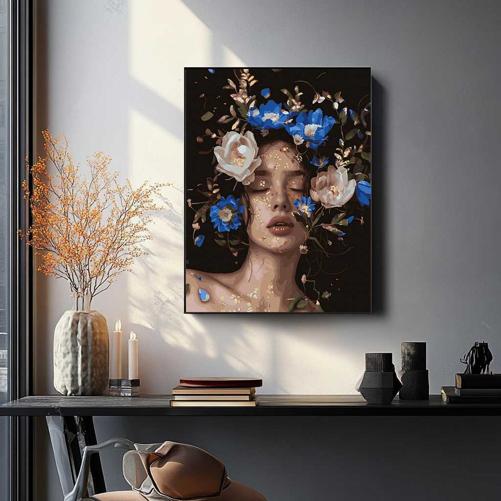 
                      
                        Painting by numbers - Girl and blue peonies in gold
                      
                    