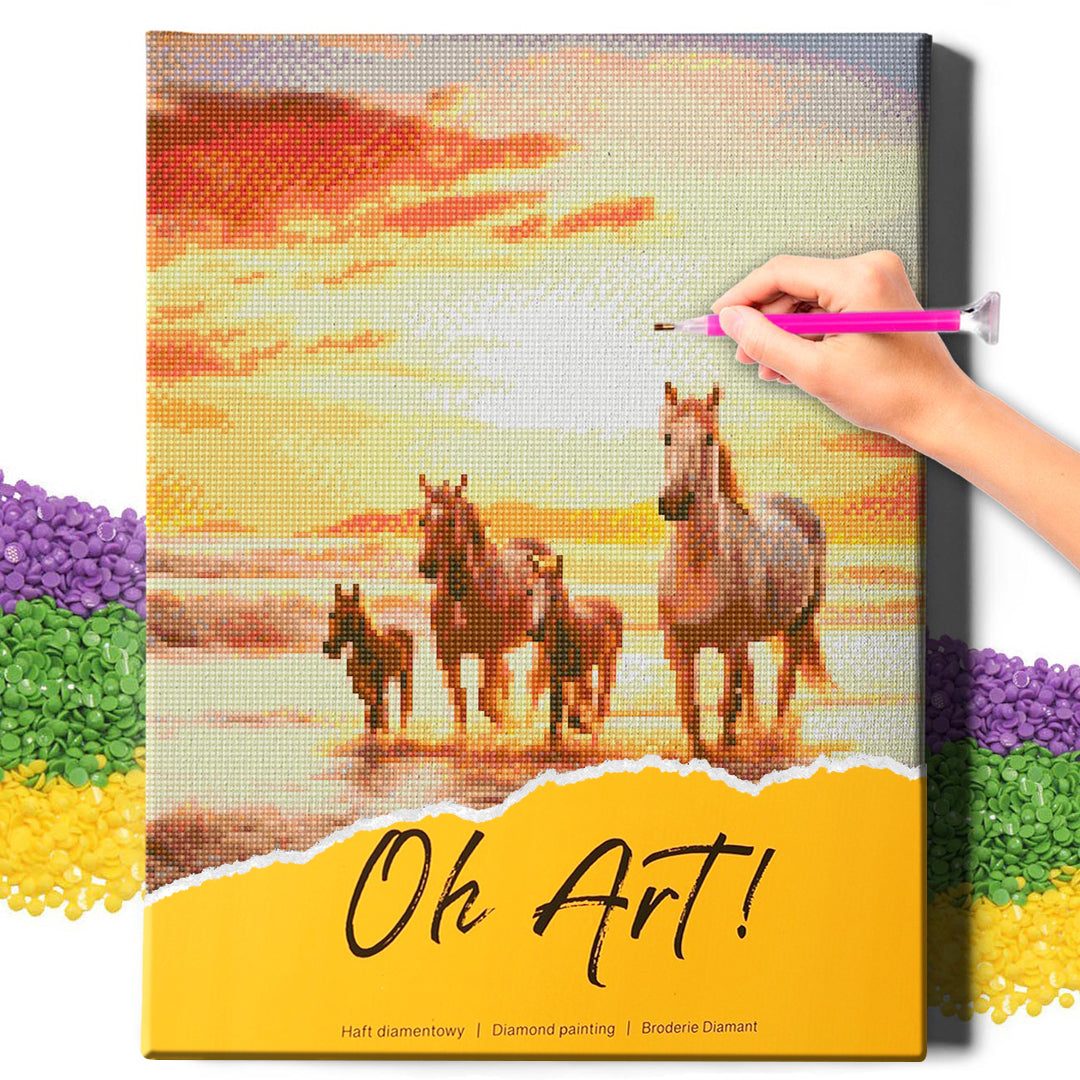 5D Diamond Schilderijenset 40x50 met lijst - Paarden aan zee