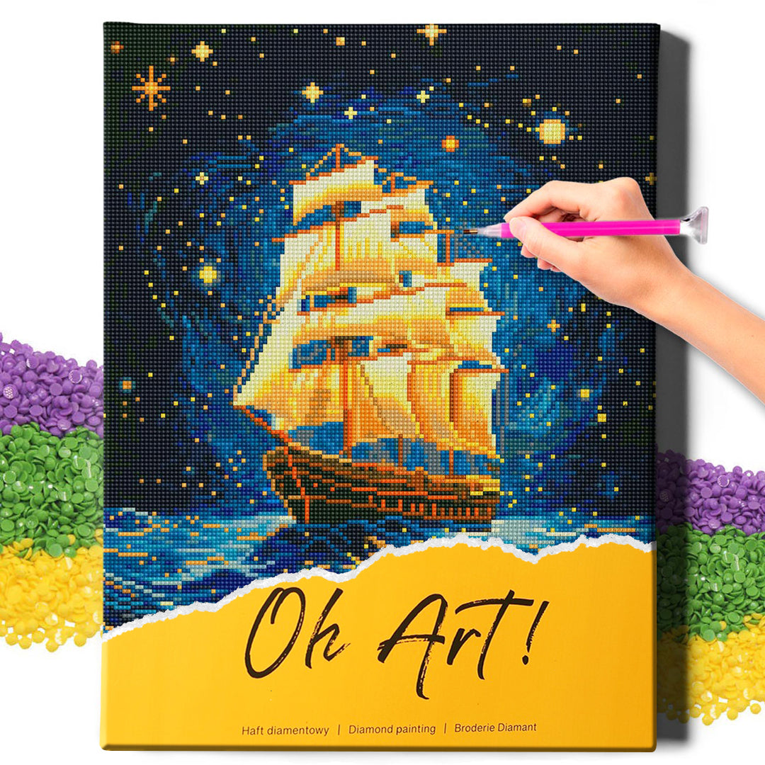 5D Diamond Schilderijenset 40x50 met lijst - Schip bij nacht