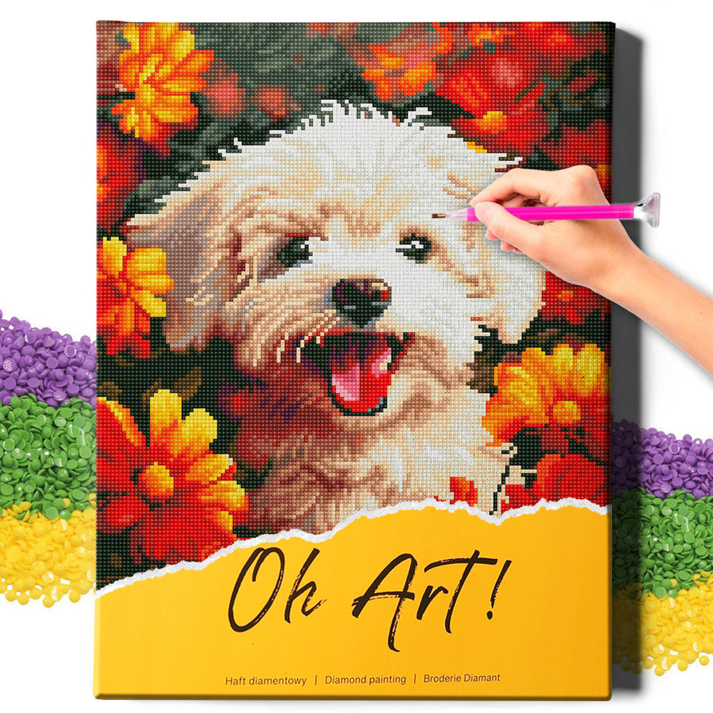 5D Diamond Schilderijenset 40x50 met lijst - Puppy in de bloemen