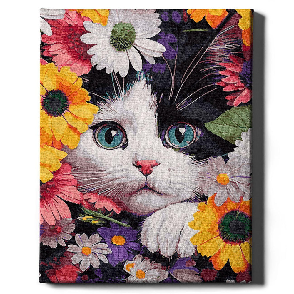 Schilderen voor getallen - kitten in de bloemen