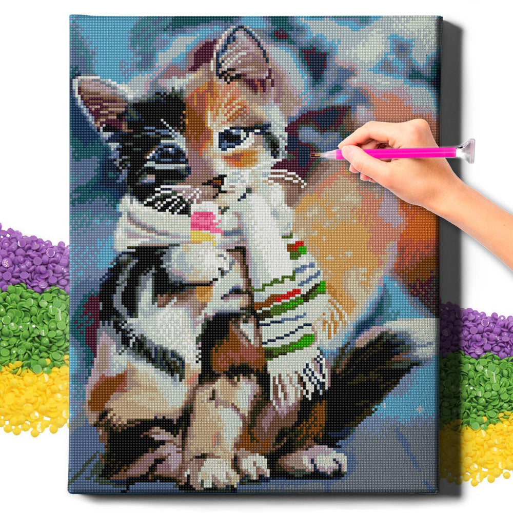 5D Diamond Schilderijenset 40x50 met lijst - Kitten met sjaal